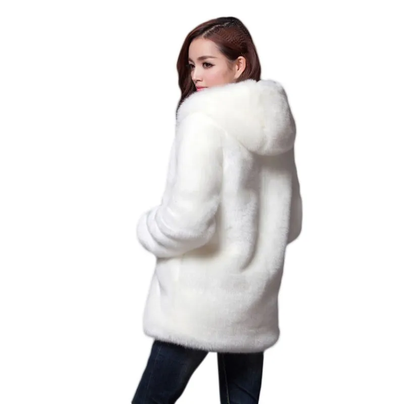 Женская теплая зимняя Толстая Шуба из искусственного меха пальто средней длины с капюшоном из кроличьего меха куртки большого размера White