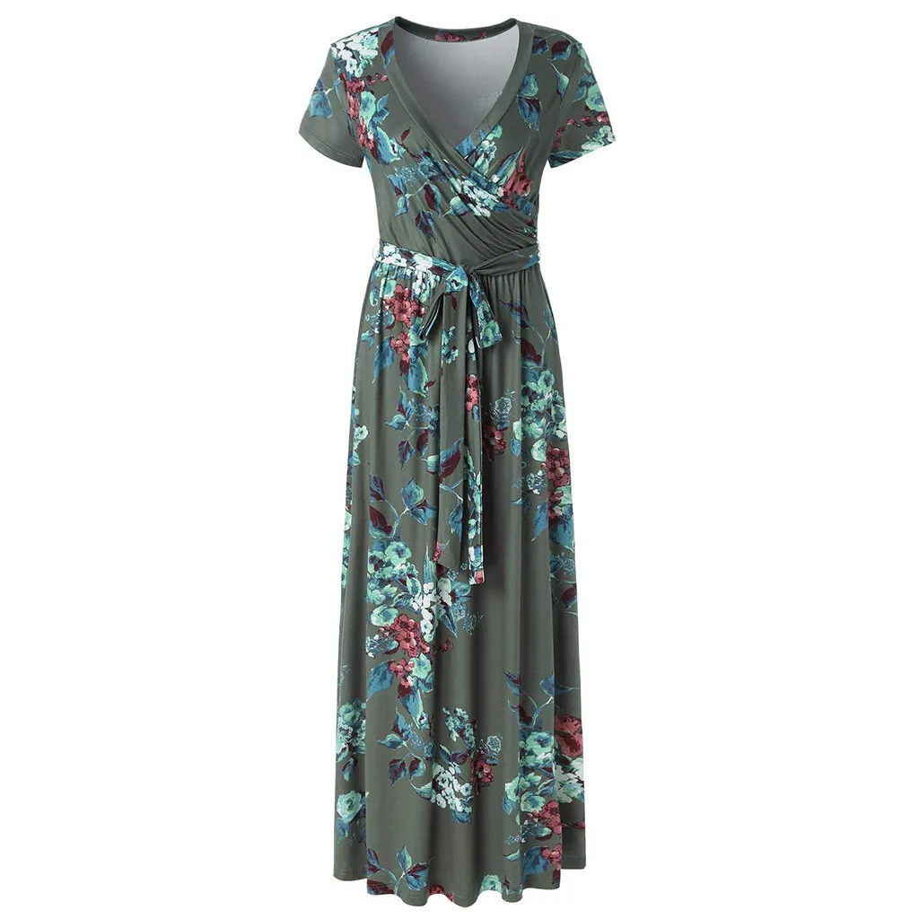 

CHAMSGEND Dress Women's Printed with Sashes Sexy Evening Party Dress Vestidos Blue V-Neck Summer Dresses Short Sleeve 10.JAN.17