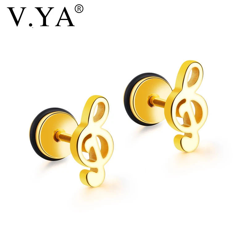 

V.YA Fashion Music Note Stainless Steel Stud Earrings For Women Men Gold /Black/Silver Color Punk Female Daily Jewelries Gifts