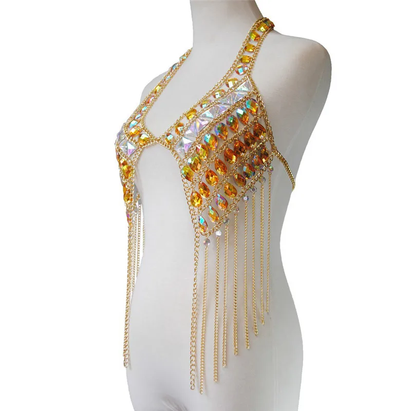 New Top Design Shinny Rhinestones Tank Tops Gold Metal Chain Tassel Tops Rave Festival Adjustable Backless Sexy Tops For Women