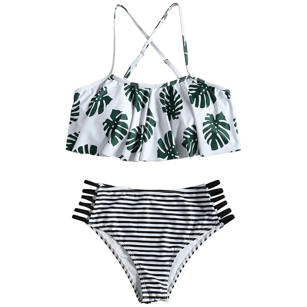 

Halter Mid Waist Swimwear Women Sexy Beach Bikinis Ruffled Strapless Two Pieces Swimsuit Separate Push Up Print Bandage Thong