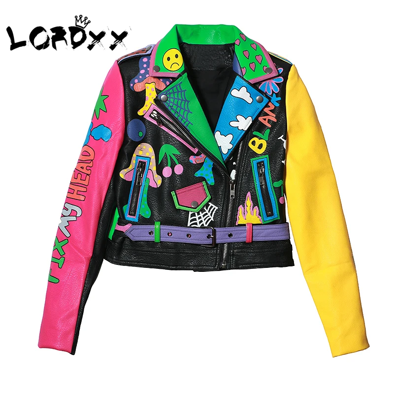  LORDXX Colorful Rainbow Jacket Women 2019 New Fashion print yellow sleeve Street Short Leather Jack