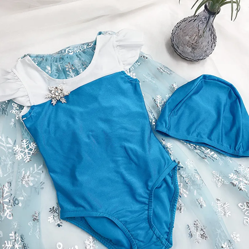 Baby Girls Swimsuit Elsa Costume Lace Toddler Kids Baby Swimwear Bikini+Hat+Cloak+Brooch 4pcs/set Infant Baby Bathing Suits