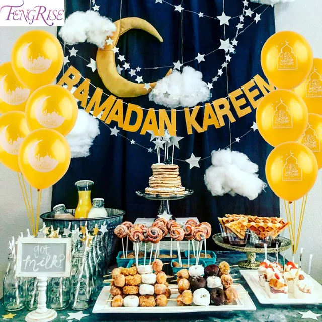 FENGRI EID MUBARAK KAREEM Balloon Glitter Gold Banner EID 
