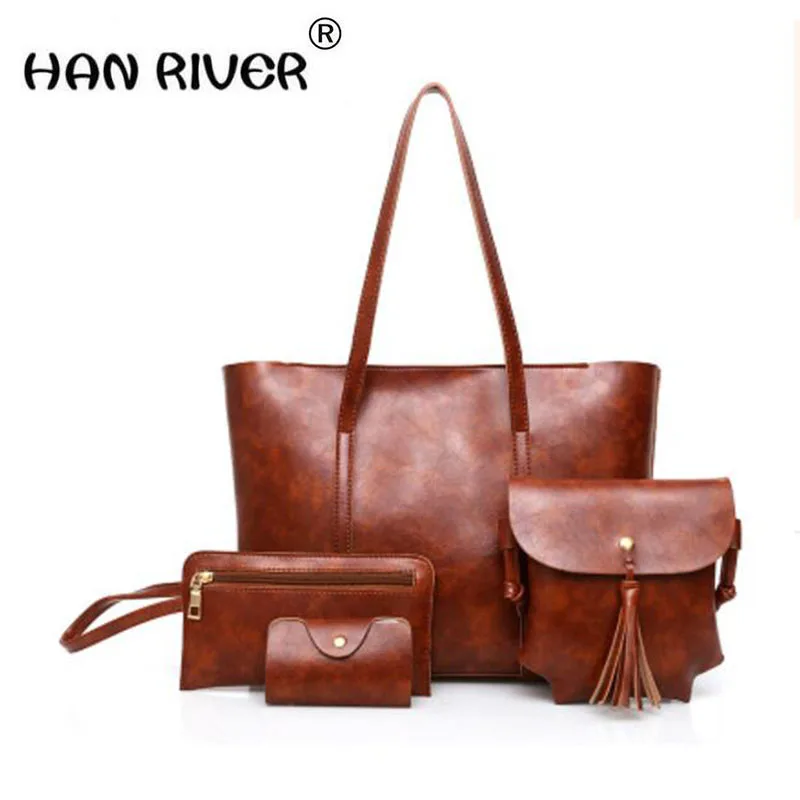 

2018 new European and European style women's bags of vintage oil wax leather bag with four-piece bill of lading shoulder bag