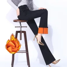 Новинка, женские теплые зимние джинсы больших размеров, офисные расклешенные штаны для девушек, деловые повседневные флисовые брюки-клеш