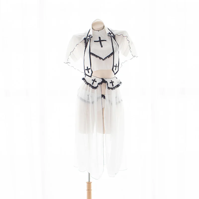 Женская одежда из 5 частей белого кружева с высоким вырезом и вуалью Эротическое платье комплект пикантного женского белья костюм монахини комбинезон униформа