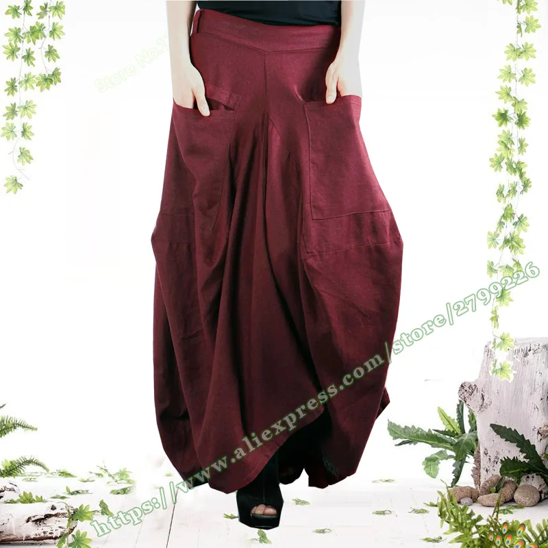 

2018 Spring and Autumn Women's clothing Casual Vintage Asymmetric Linen Cotton Large Pockets Female Long Maxi Skirt for Womens