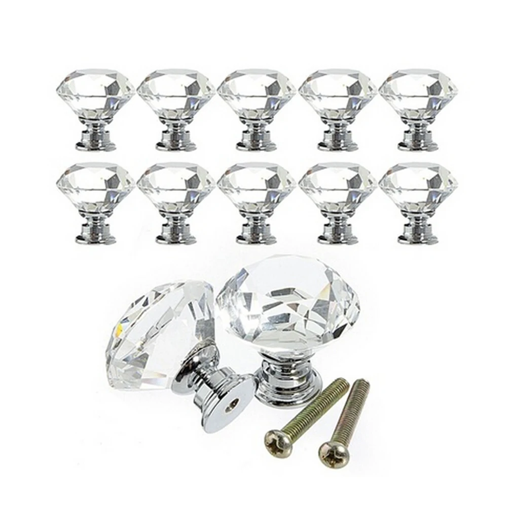 10Pcs/pack 30mm Diamond Shape Crystal Glass Drawer Cabinet Knobs and Pull Handles Kitchen Door Handles Wardrobe Hardware