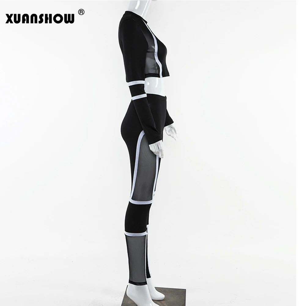 XUANSHOW/женские спортивные костюмы сексуальный сетчатый лоскутный укороченный топ