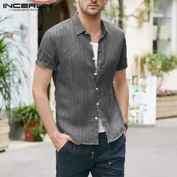 INCERUN Мужская рубашка с коротким рукавом, тонкая, с отворотом, новая, однотонная, тонкая, мужская рубашка в ретро-стиле, в полоску, на лето 2019