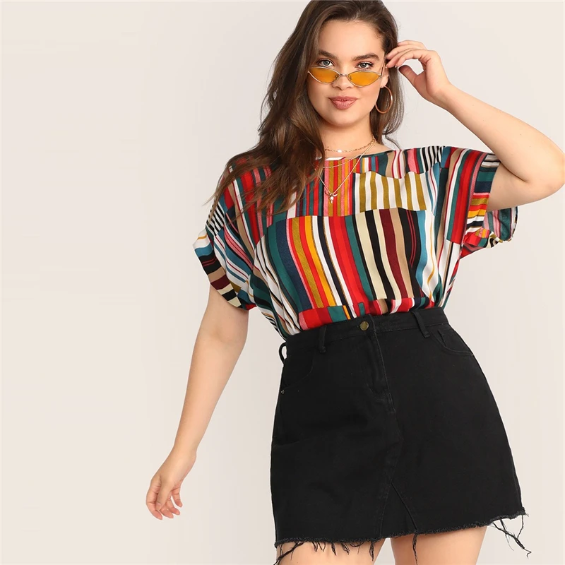 SHEIN, разноцветная полосатая блузка размера плюс,, женская летняя Повседневная блуза с коротким рукавом и круглым вырезом, большие размеры
