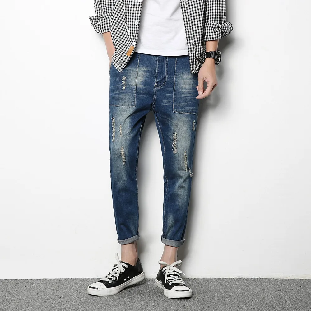 Fashion Simple jeans men personality pocket drawstring skinny jeans men