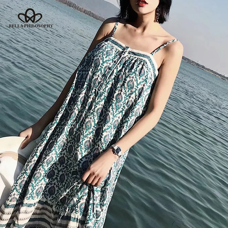 

Bella Philosophy 2018 summer women casual A Line dress empire cotton female print strapless dress knee length spaghetti strap