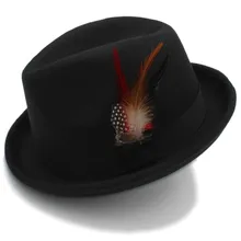 Мужская фетровая шляпа для джентльмена, зима-осень, Шерстяная кепка в церковном стиле, с закатывающимися полями, Хомбург, джаз, шляпа с перьями