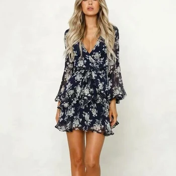 

Deep V-neck Women Chiffon Autumn Elegant Floral Printed Sexy A-line Mini Dress Empire Waist Sashes Chiffon Ruffles Hemline Dress