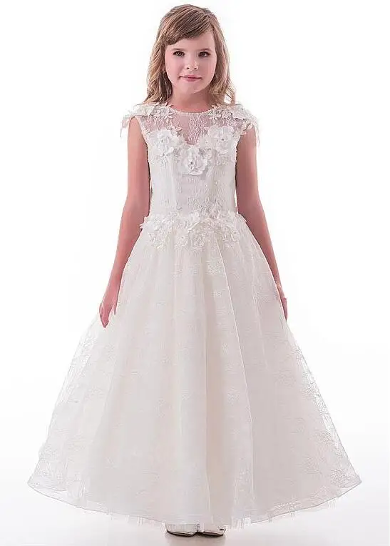 

Lace Jewel Neckline Cap Sleeves Ankle-length A-line Flower Girl Dresses for Wedding With Lace Appliques Girls Dresses