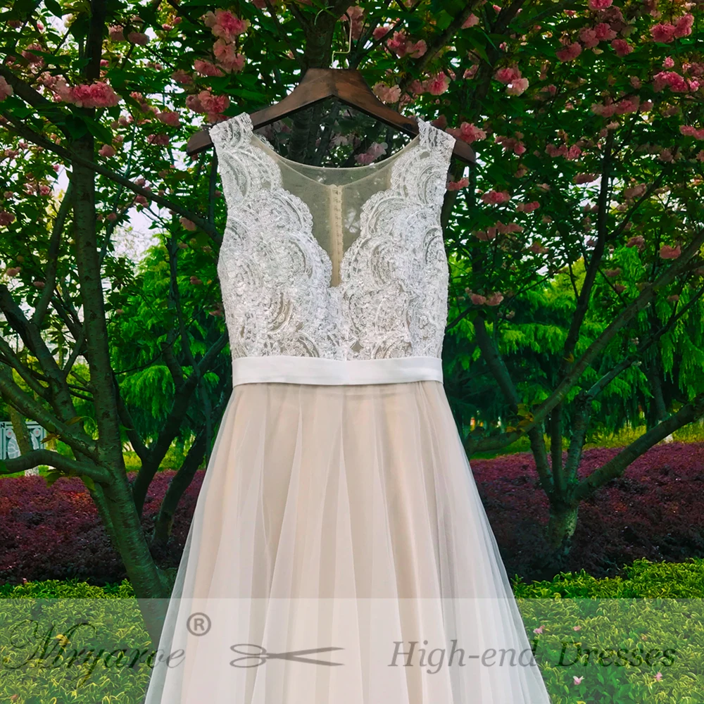 Mryarce 2018 Beach Wedding Dress Illusion Neck Lace Appiques Flowing Tulle Boho Summer Bridal Gowns  (9)