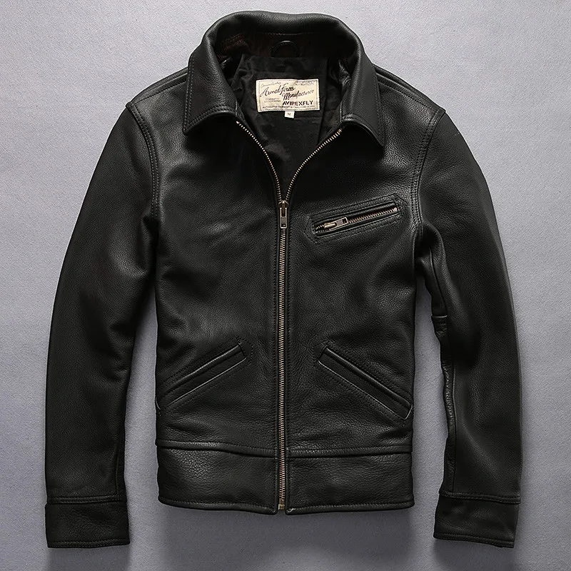 

AVIREXFLY Men Leather Jacket Vintage Brown Genuine Cowskin Style Turn Down Collar Motorcycle Jackets Winter Coats