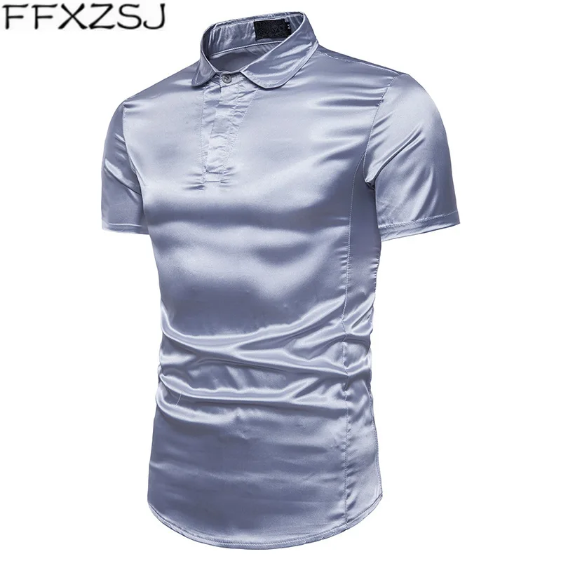 

FFXZSJ Brand 2019 Summer Men Shirt Short Sleeve Shine Simple Solid Color Nightclub Bussiness Shirt Plus Size Mens Cothing
