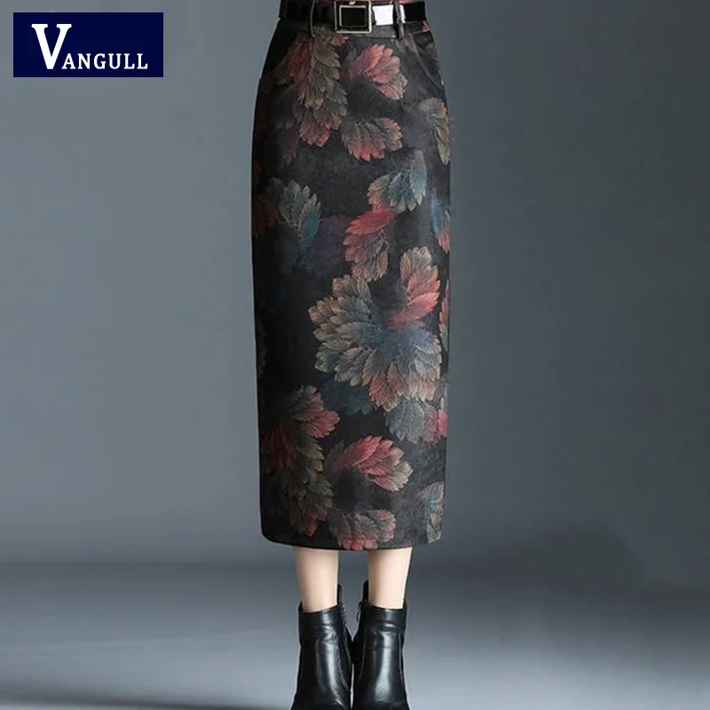 

Vangull Woolen Thick Skirt 2019 Autumn New High Waist bag Hip Split Slim Floral Print Skirt Winter Casual Pocket Plus size Skirt