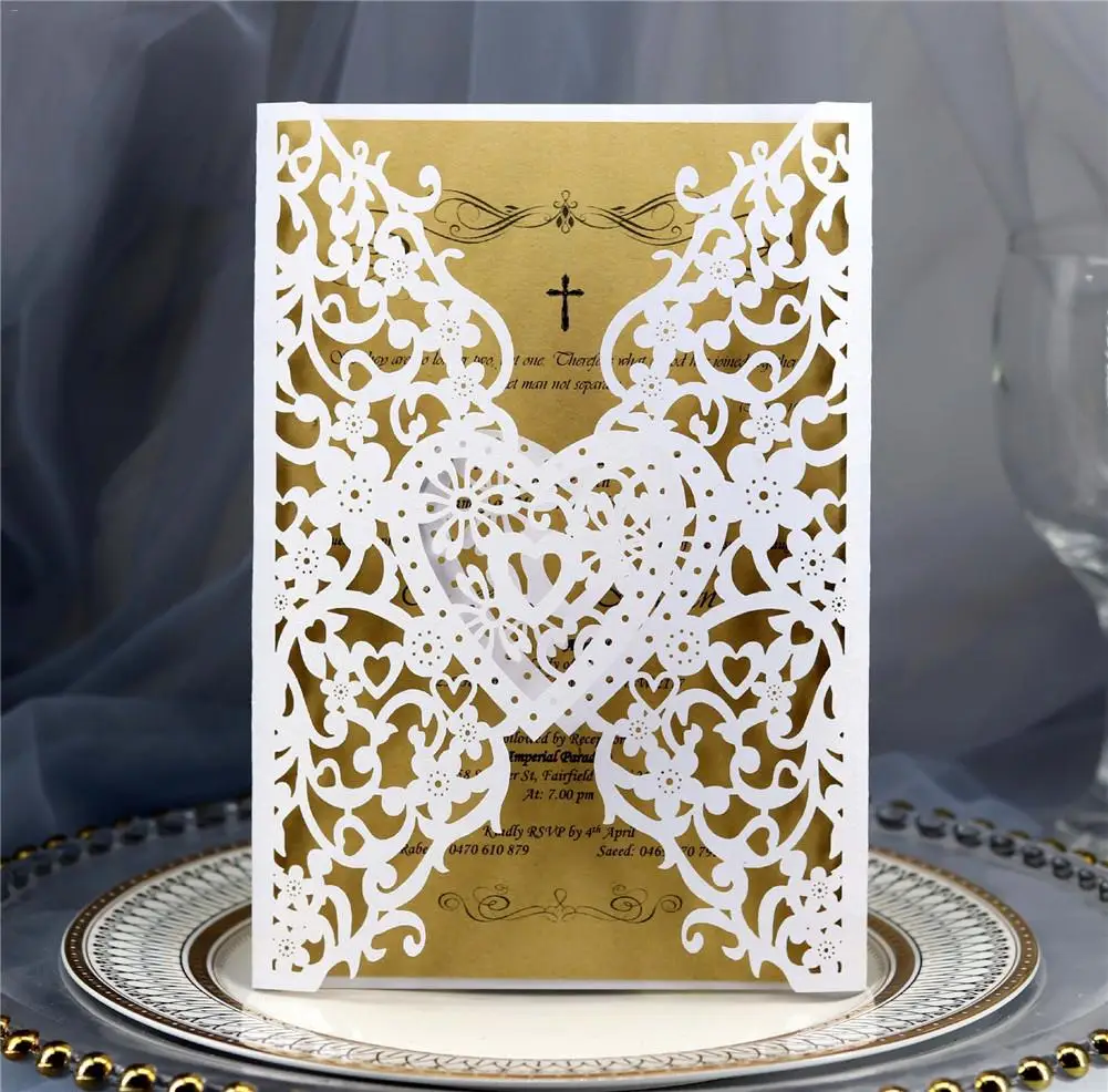  10 Pcs Pearl Paper Bowknot Heart Shaped Invitation Laser Cut Wedding Invitation Holiday Greeting Ca - 33032608606