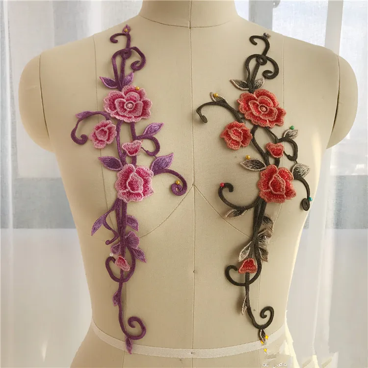 1Pair Flower embroidered applique for bridal dress sewing on lace