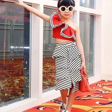 Pudcoco Kids Baby Girls Dress Off Shoulder Tops+Irregular Stripe Skirt Summer Children Clothes Baby Girl Clothing Set 3-10T