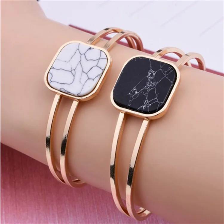 

Hot Gold Bracelet Fashion Women Black White Square Stone Love Ladies Hand Bangles Best Jewelry Gifts