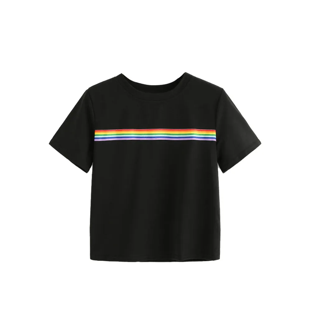 

Women Summer Rainbow chemise femme Block Striped School Girl T shirts High Quality Casual Loose Tops vogue floral c0327