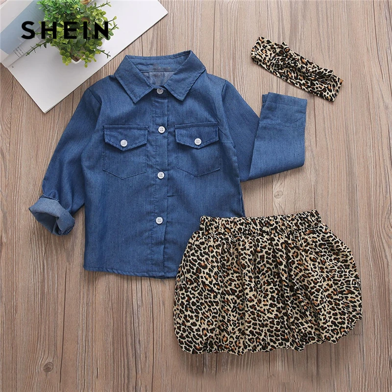 

SHEIN Kiddie Toddler Girls Denim Blouse And Leopard Print Skirt With Headband Suit Sets 2019 Summer Long Sleeve Casual Kids Sets