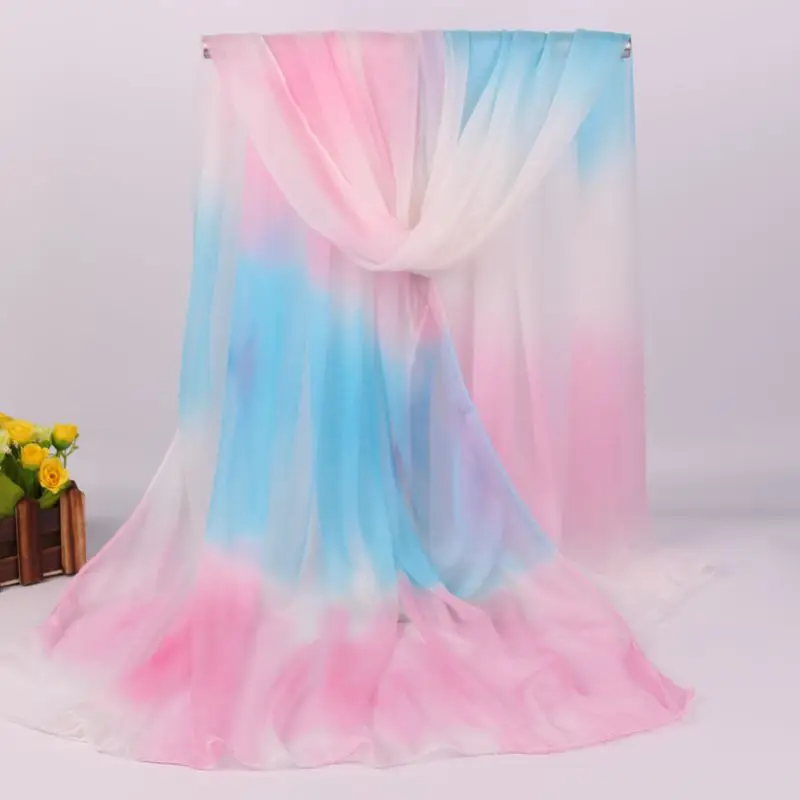 

New Rainbow Imitation silk scarves long scarf shawl spring and summer gradient chiffon sunscreen large beach towel