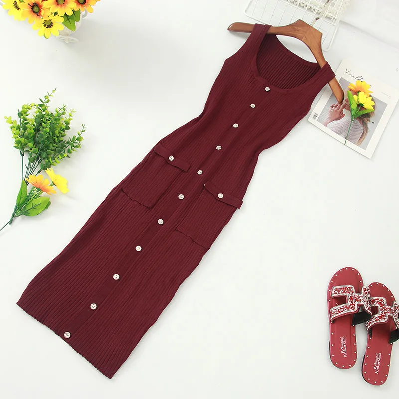 

Slim Button Fashion Bodycon Knit Midi Pencil Dress Summer Party Tank Sundress Knee Length Women Casual Sheath Office Vestidos