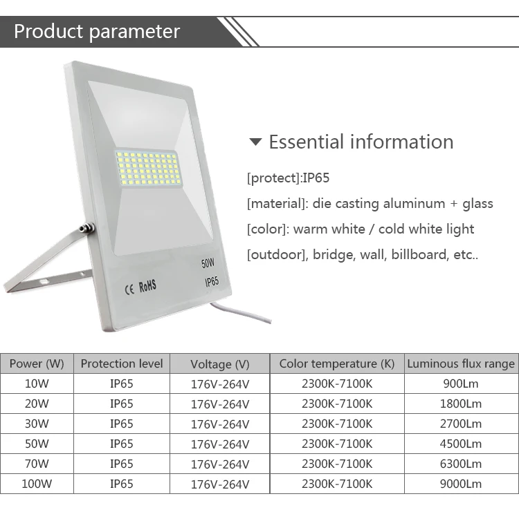 Ip65 Водонепроницаемый светодиодный светильник, 10 Вт, 20 Вт, 30 Вт, 50 Вт, 70 Вт, 100 Вт, белый, холодный, белый, наружный светильник, светодиодный прожектор, прожектор, светильник