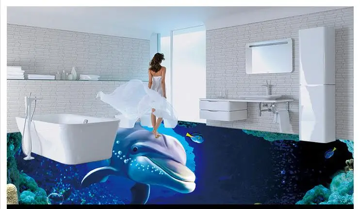 

Custom photo Waterproof floor wallpaper Ocean floor tile of blue dolphin 3d mural PVC wallpaper self-adhesion floor wallpaer