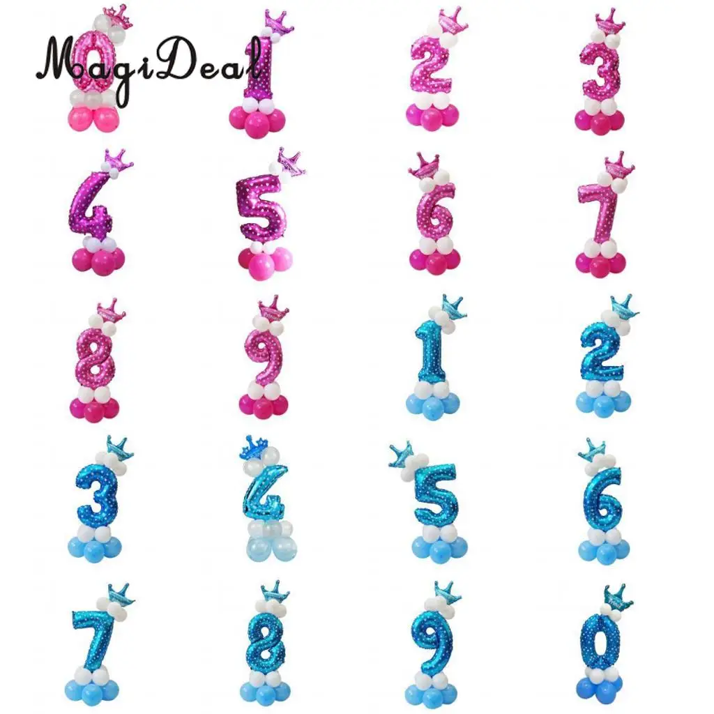MagiDeal All Numbers 0 to 9 Prince Princess Crown Tiara Balloons Column Set Birthday Baby Shower Arch Garland Decor