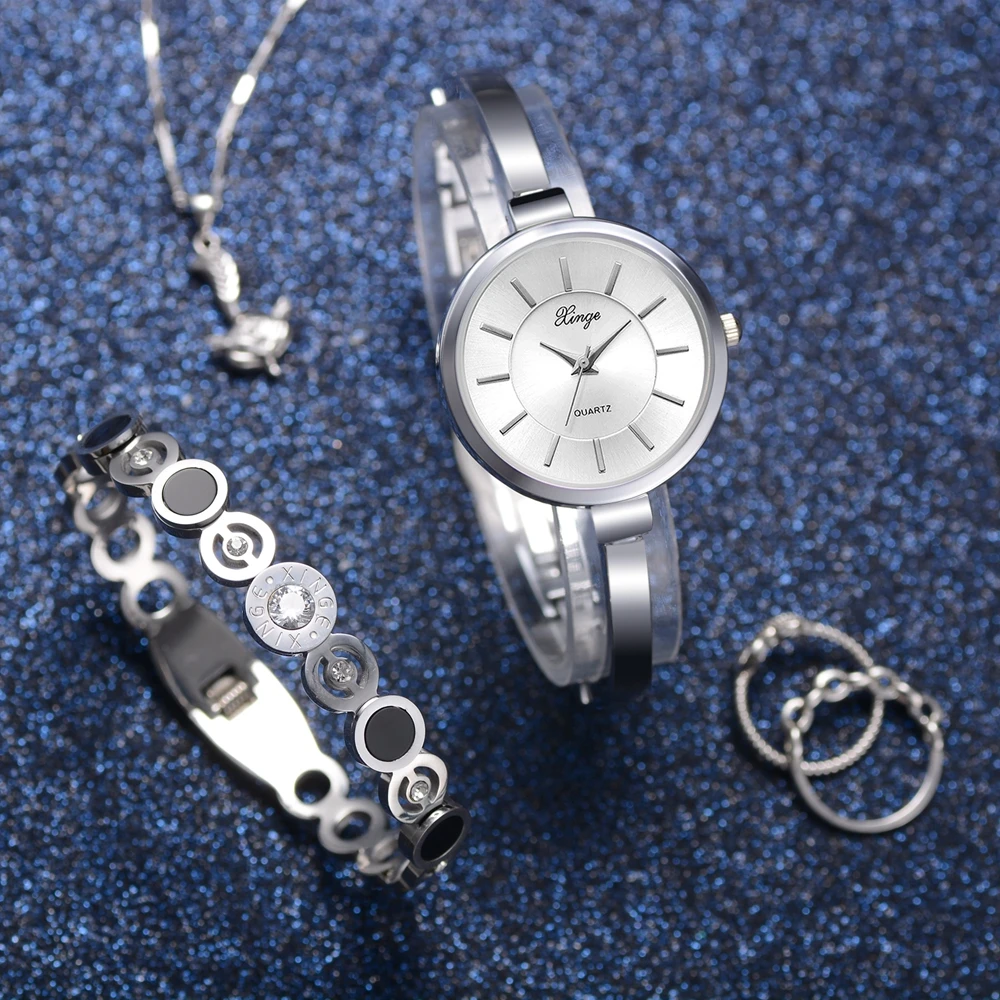 

Xinge Brand Silver Watches Stainess Bracelet Watches Set Trend Wristwatch Waterproof Steel Retro Watch Bracelet Two-piece