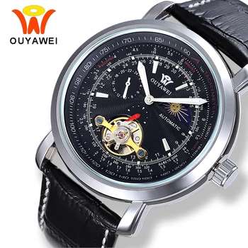 

OUYAWEI Mechanical Tourbillon Moon Phase Watches Men Self Winding Transparent Automatic Black Leather Silver Case Watch for Men