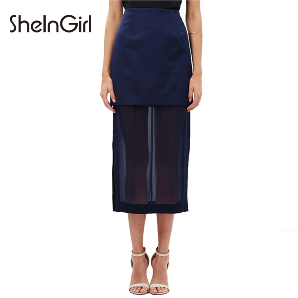 SheInGirl Women Skirts Office Ladies High Waist Split Solid Deep Blue