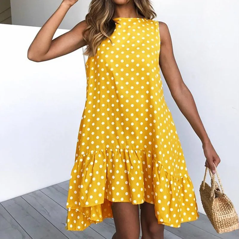 

Brief Relate Sweet Girl Polka Dot Summer Dress Ruffles Party Beach Mini Dress Sleeveless Women Sundress Red Black Pink 6 Colors