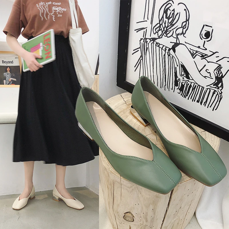 

EOEODOIT Fashion Sexy V Mouth Leather Pumps Office Lady Low Square Metal Heel Square Toe Casual Shoes Spring Summer For Women