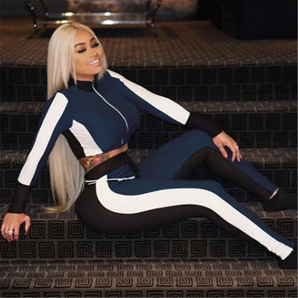 

Women Zipper Fitness Sets Contrasting Colors Patchwork Long Sleeve Tracksuit Drop Shipping 2 Piece Set