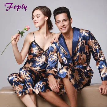

Couple Pajamas Emulation Silk Women Pijama three sets Full Sleeve Men Pyjama V-neck Print Sleepwear Casual Nightwear