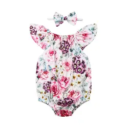 От 0 до 6 месяцев, для новорожденных, для маленьких девочек, цветочные развевающиеся рукава боди с рюшами + Heaband, комплекты из 2 предметов