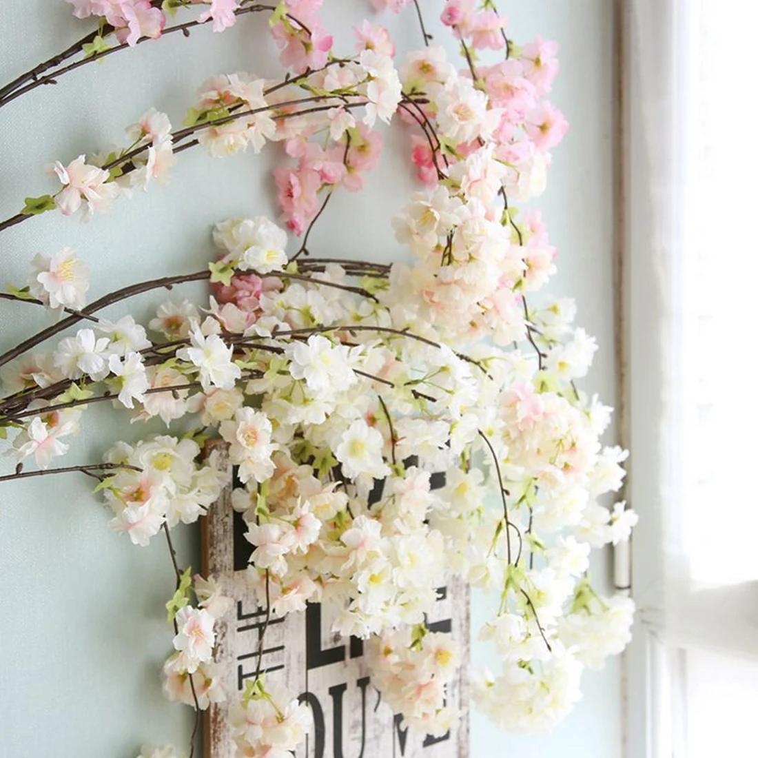 135cm Cherry Blossoms Rattan Sakura Art Wedding Decoration Vine Artificial Flowers Party Window Wall Hanging Garland Wreath