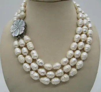 

beautiful 3ROW 10-12MM NATURAL WHITE BAROQUE PEARL NECKLACE 17-19INCH
