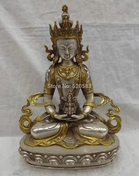 

12" Tibet Silver Gilt Bronze Amitayus Buddha Statue