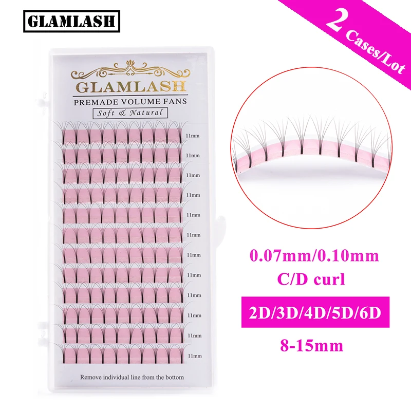 GLAMLASH 2 футляра 2D-6D длинные Стволовые ресницы готовые русский объем вентиляторы норковые ресницы предварительно сделанные ресницы макияж