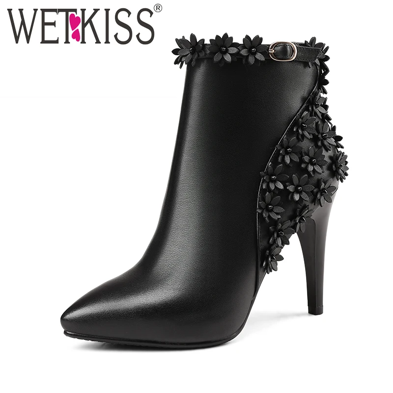 

WETKISS Elegant Floral Appliques Ankle Boots Brand Designers Winter Boots Super High Heels Women Shoes Genuine Leather Footwear