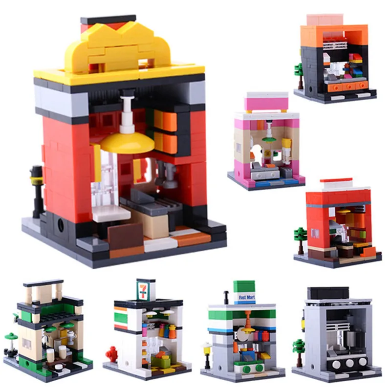 

New Single Legoingly Mini City Street Series Food Candy Pizza Ice Cream Shop Bookstore MOC Building Blocks Kids Educational Toys